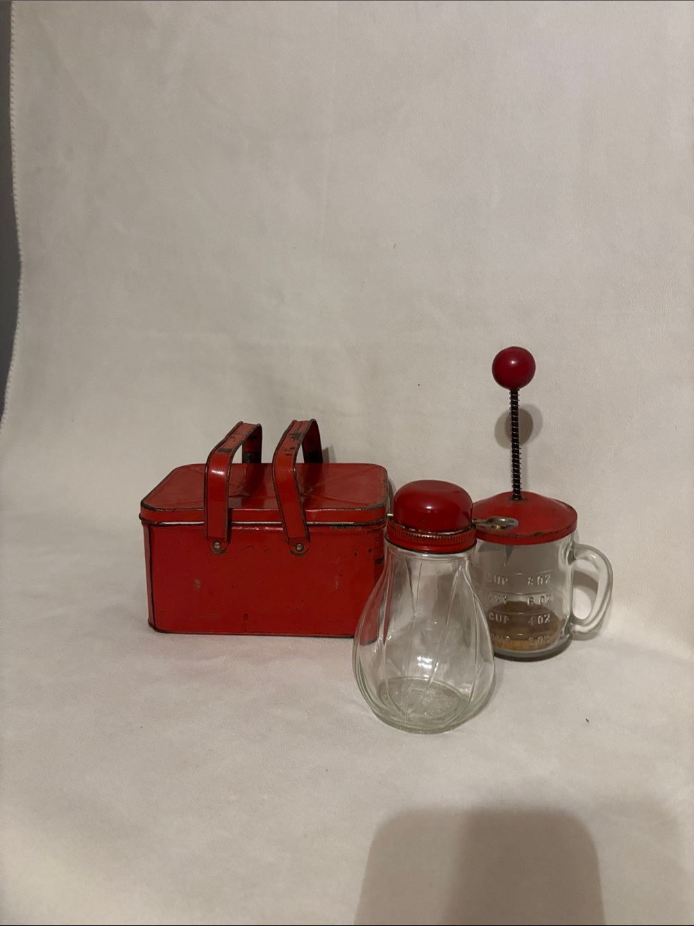 Vintage items (3) lunch pail, grinder, chopper. Red detail,